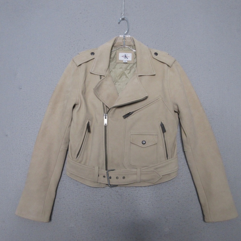 Calvin Klein Moto Jacket Medium Beige Genuine Leather Y2K Rock Edgy Grunge Biker